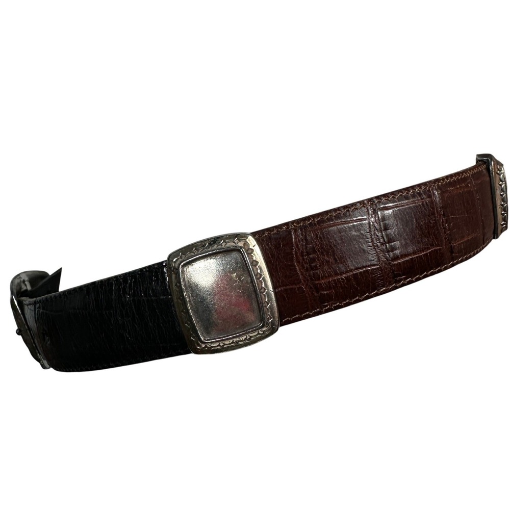 VTG Brighton Belt‎ Womens Small Black Brown Croc Embossed Leather Silver Buckle